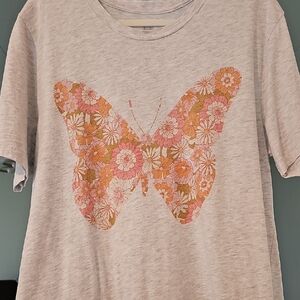 Light Heather Gray Tee with Floral Butterfly Print, Worn 1 time